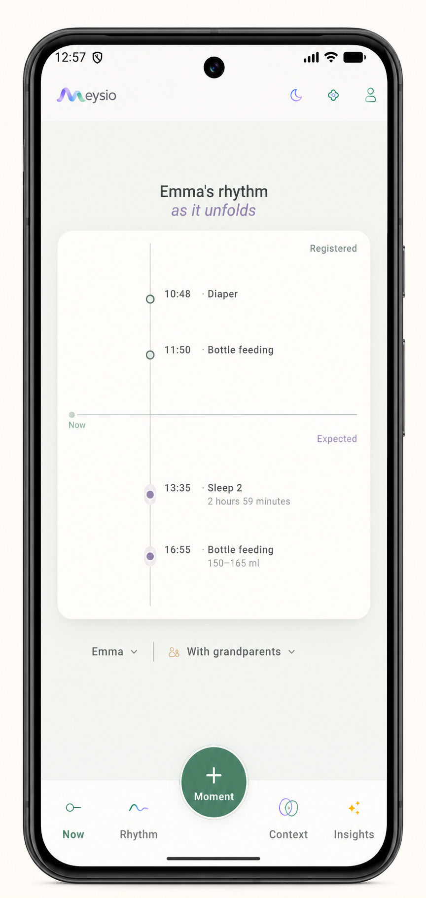 Meysio Family demo showing Emma’s rhythm, registered moments, expectations and custom navigation icons